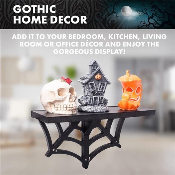 Spider Web Floating Shelf - Gothic Halloween Hanging Shelf with Hooks for Wall - Picture 5 of 7